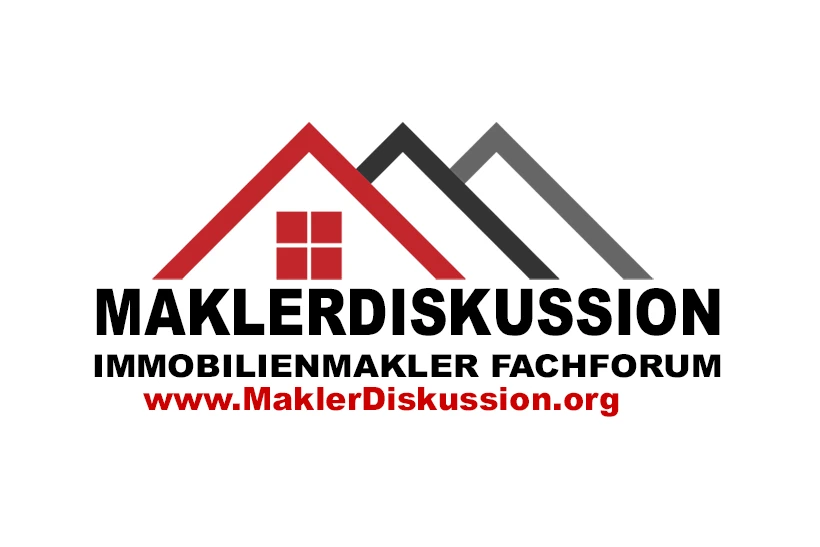 Logo mit drei Dächern, rotem Fenster, Text MAKLERDISKUSSION IMMOBILIENMAKLER FACHFORUM, Website und Partnerhinweis darunter.