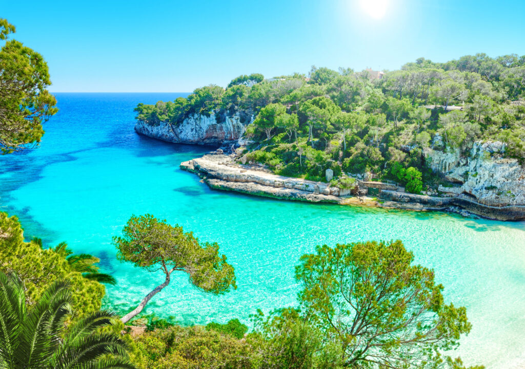 Ein sonniger Tag an einer türkisfarbenen Bucht auf Mallorca, mit Sandstrand, klarem blauen Meer, grünen Bäumen und felsigen Klippen.