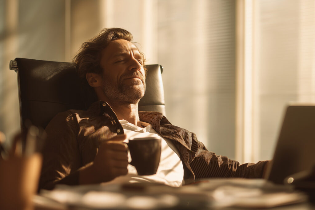 Ein Mann sitzt entspannt mit einer Tasse Kaffee im Sonnenlicht – Symbol für Ruhe, Wohlbefinden und die Wirkung harmonischer Räume.